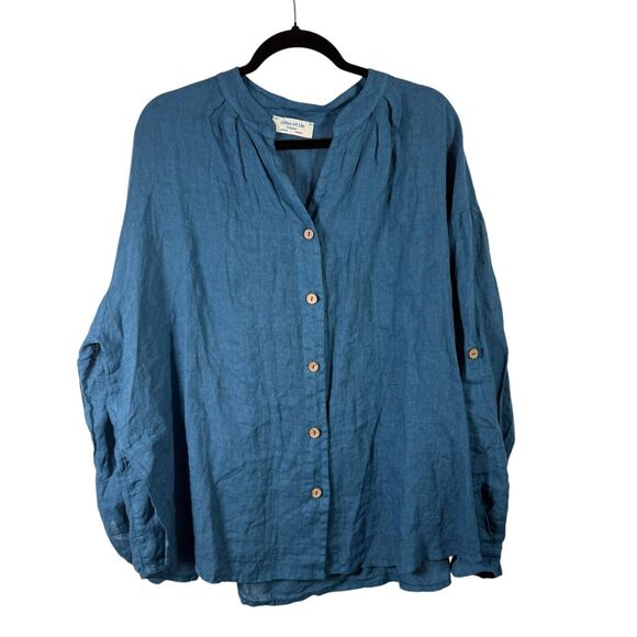 Cotes et Lin France Blue 100% Linen Button Front Shirt Lagenlook Coastal Women L - Picture 1 of 5